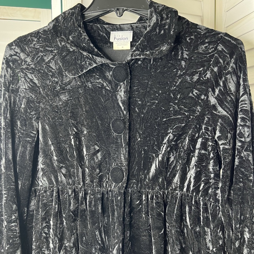 Vintage City Fusion Women's Med Black‎ Crushed Velvet Babydoll Jacket Coat USA